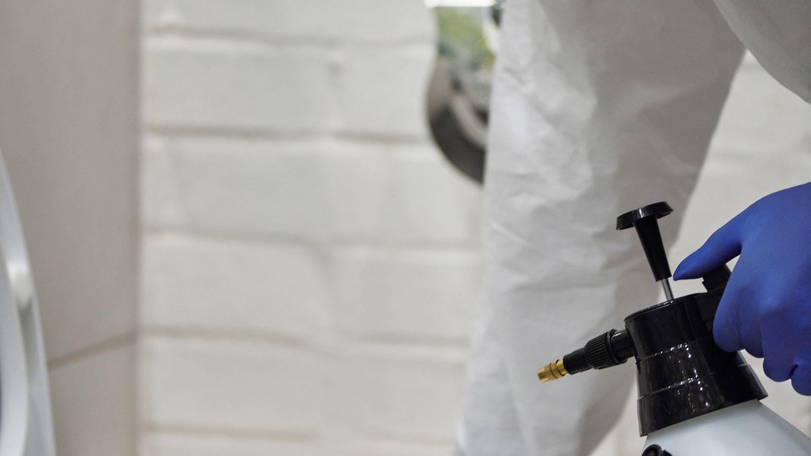 Person wearing rubber gloves cleaning a toilet bowl with cleaning supplies nearby