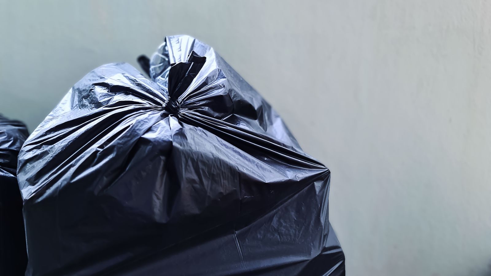 Black plastic trash bag against a concrete wall representing household waste management
